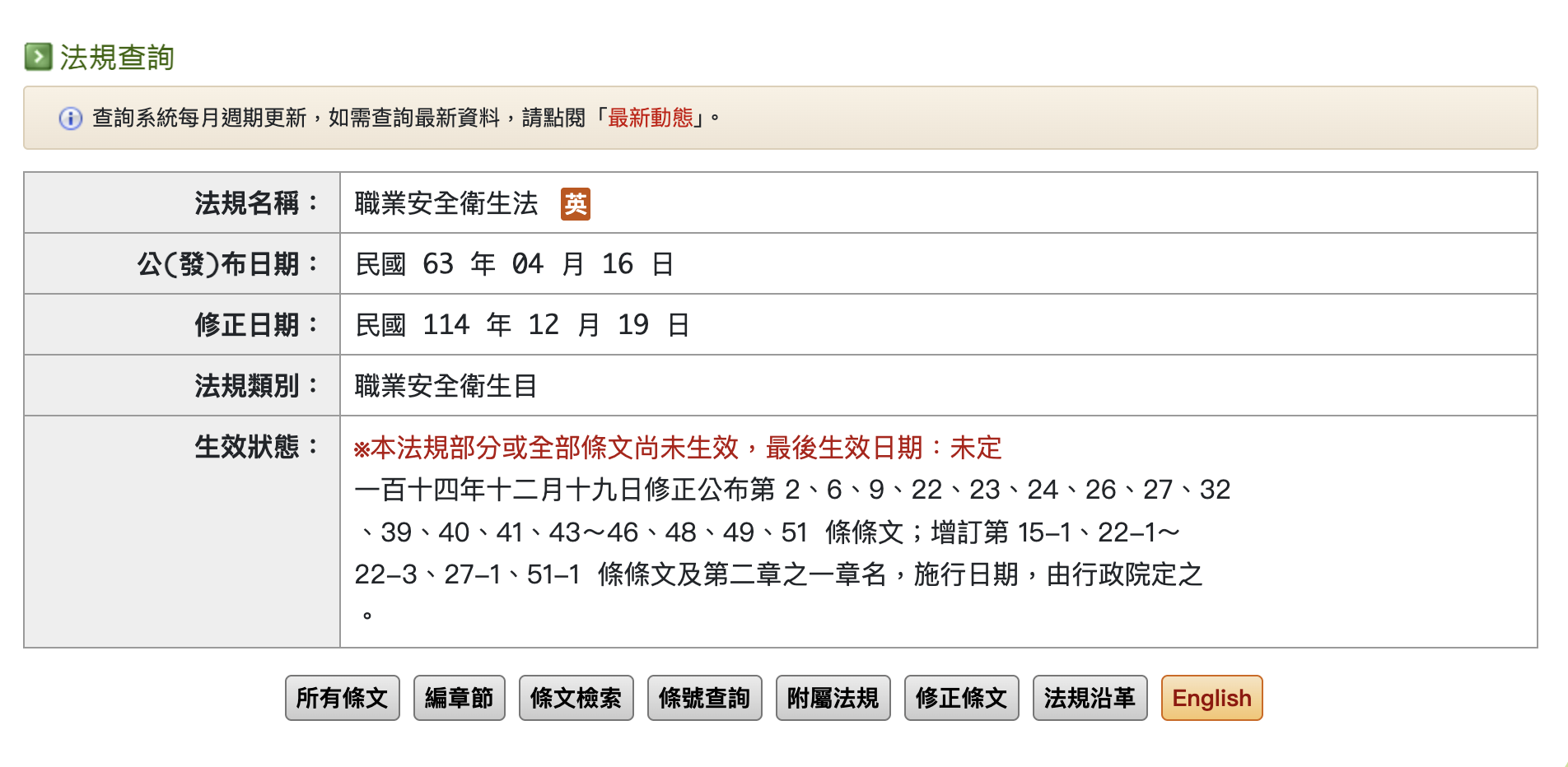 法規查詢頁面，點選「所有條文」按鈕